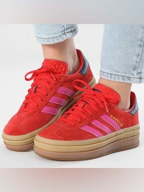 Adidas Gazelle Bold Suede Gum Sole Womens Sneakers In Red Pink SZ 7